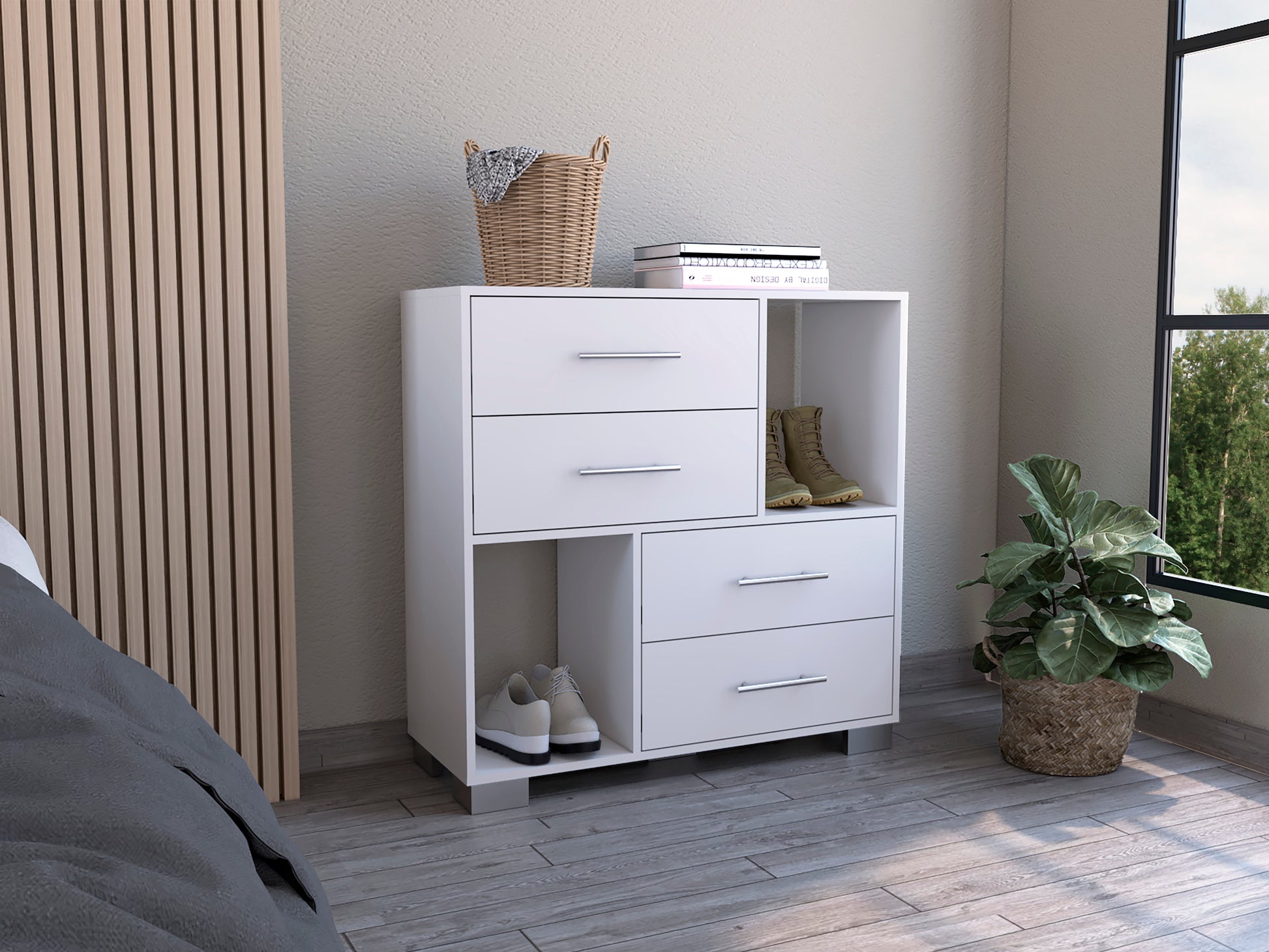 Dresser Hetzs, Four Drawers, Two Open Shelves, White Finish White Particle Board