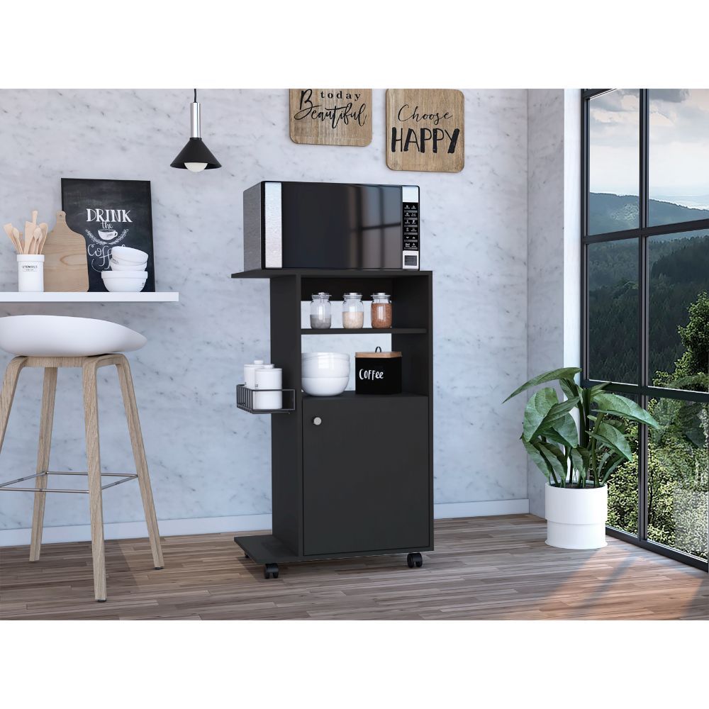 Kitchen Cart Kryot, Single Door Cabinet, Four Casters, Black Wengue Finish Black Particle Board