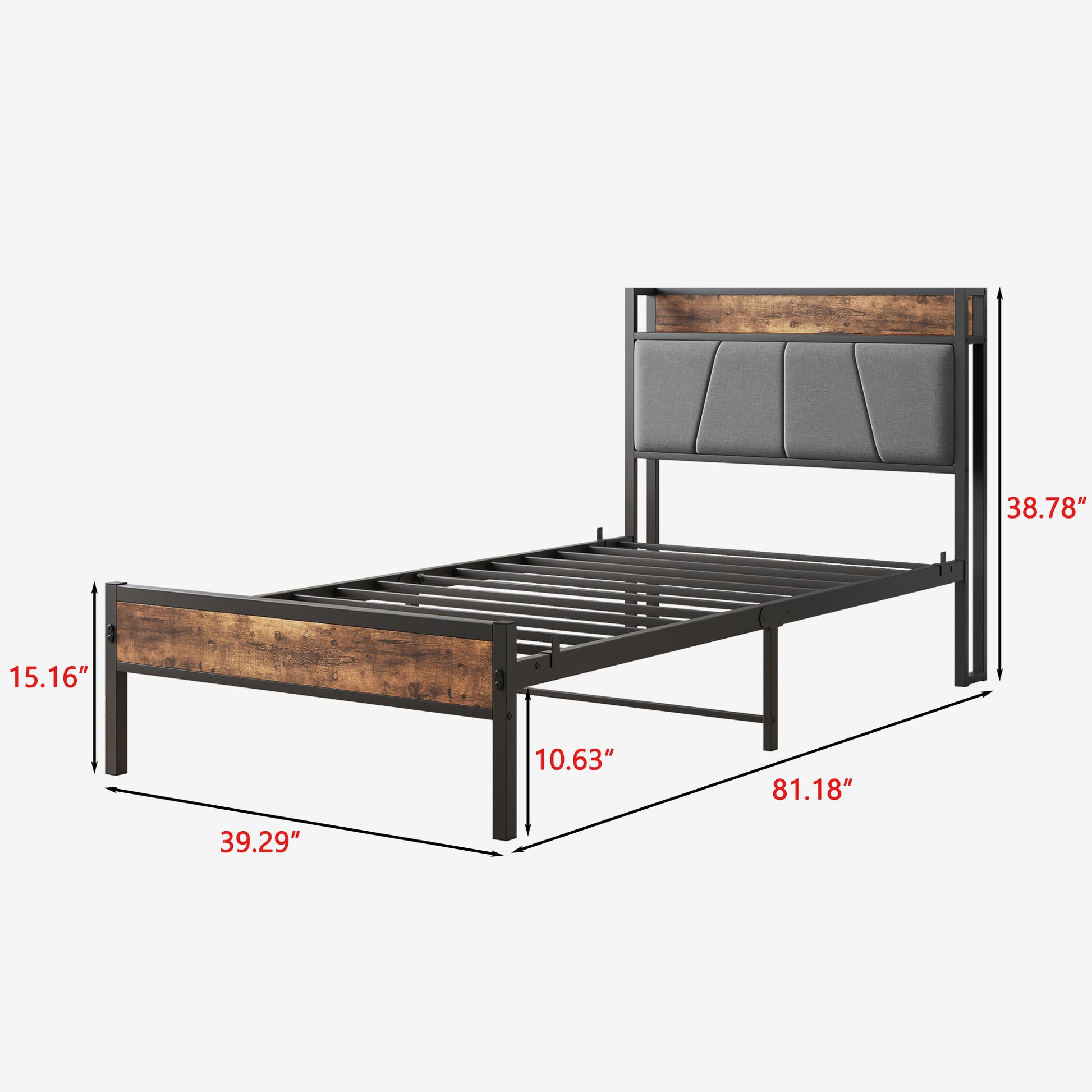 Twin Size Bed Frame, Storage Headboard With Charging Station, Solid And Stable, Noise Free, No Box Spring Needed, Easy Assembly Box Spring Not Required Twin Black Iron Brown Bedroom Bed Frame Metal & Wood