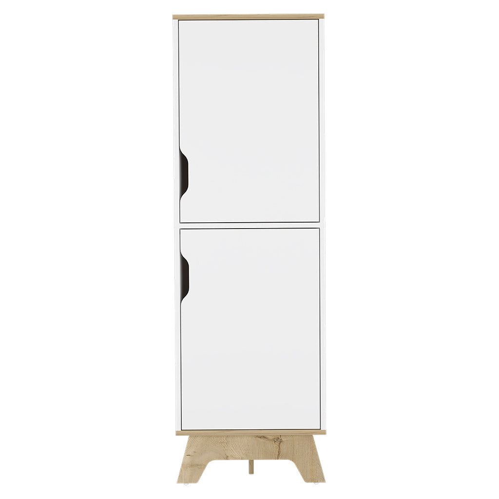 Single Kitchen Pantry Wallas, Four Shelves, Two Doors, Light Oak White Finish Light Oak Particle Board