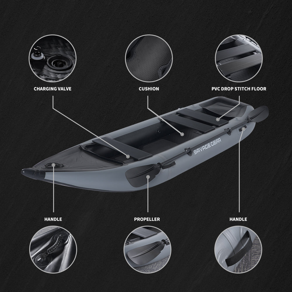 2 Person Inflatable Kayak Fishing Pvc Kayak Boat The Dimension Is 130'' *43'' *11.8'' Inflatable Boat Rescue Rubber Rowing Boat With Pump, Aluminum Alloy Seat, Paddle, Inflatable Mat, Repair Kit, Fin Grey Pvc