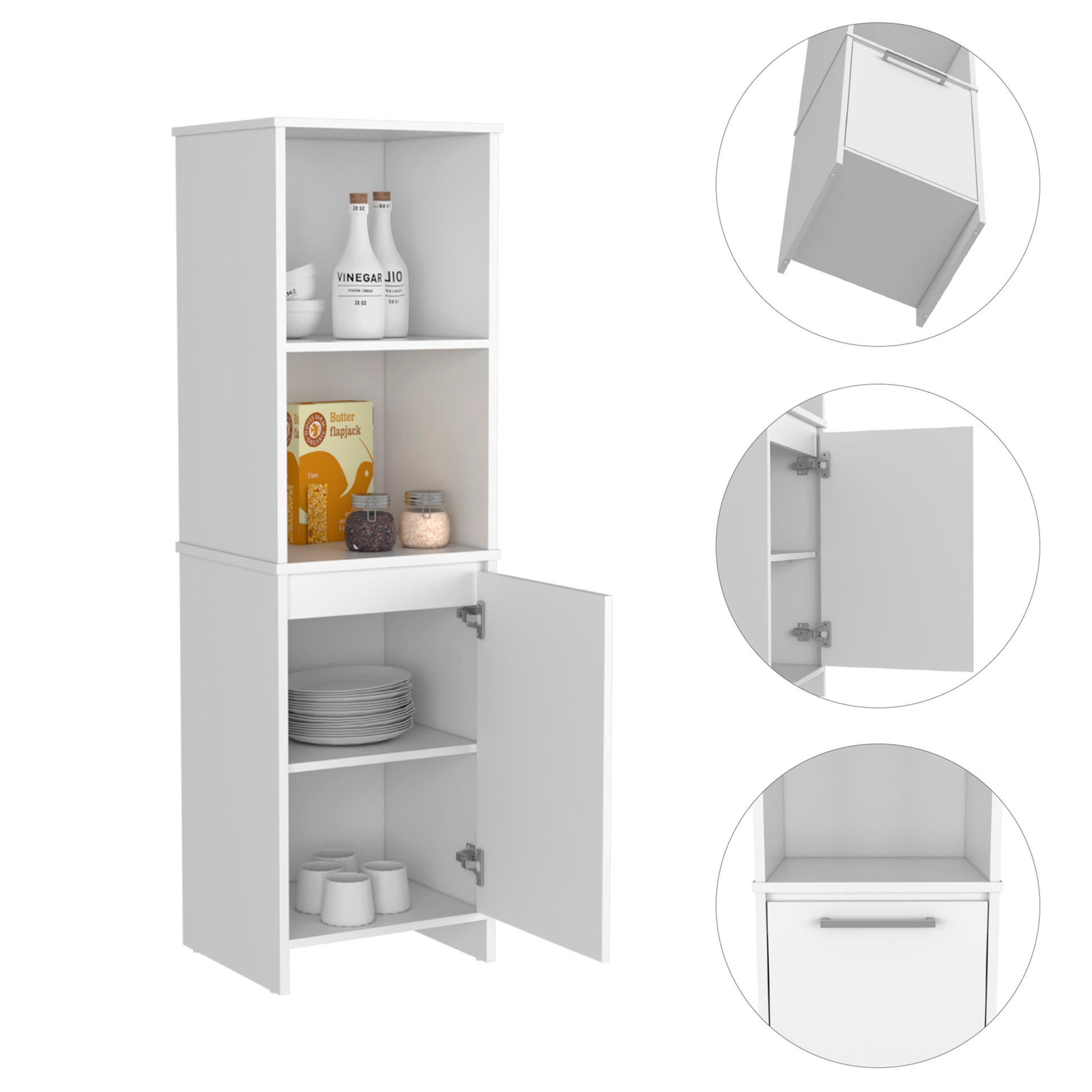 Kitchen Pantry Feery, Single Door Cabinet, Interior And External Shelves, White Finish White Particle Board