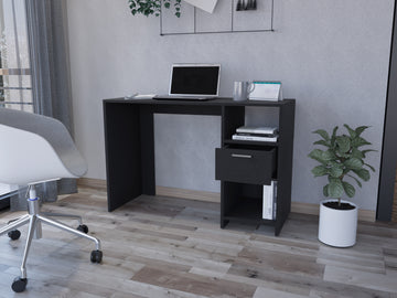 Computer Desk Odessa With Single Drawer And Open Storage Cabinets, Black Wengue Finish Black Particle Board