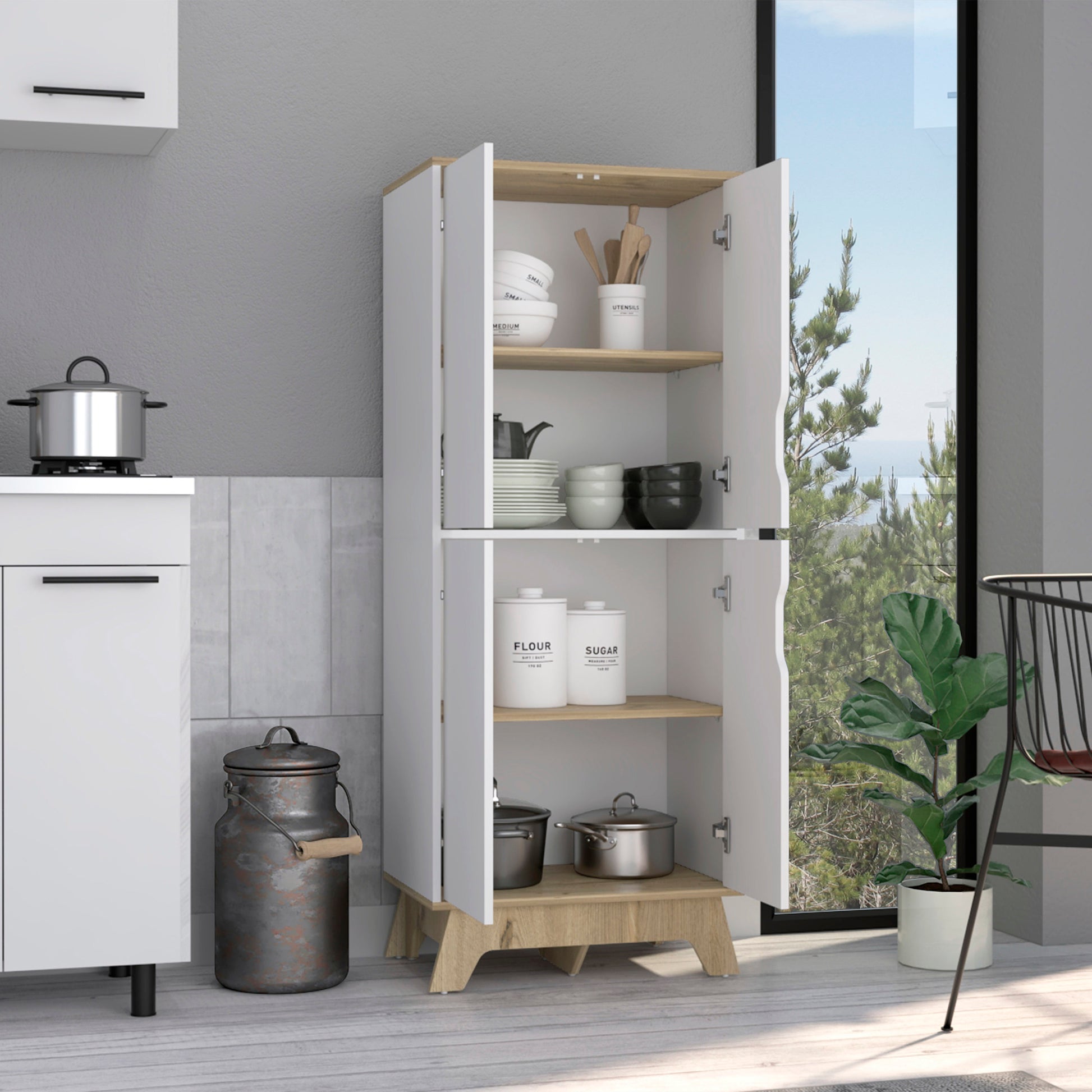 Double Kitchen Pantry Wallas, Double Door, Four Legs, Four Shelves, Light Oak White Finish Light Oak Particle Board