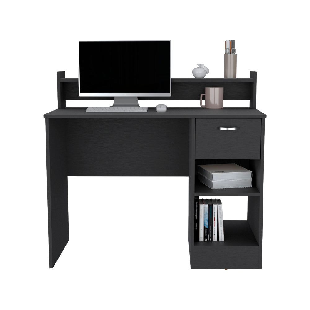 Computer Desk Delmar With Open Storage Shelves And Single Drawer, Black Wengue Finish Black Particle Board