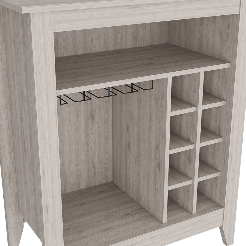 Bar Cabinet Castle, One Open Shelf, Six Wine Cubbies, Light Gray Finish Light Gray Particle Board