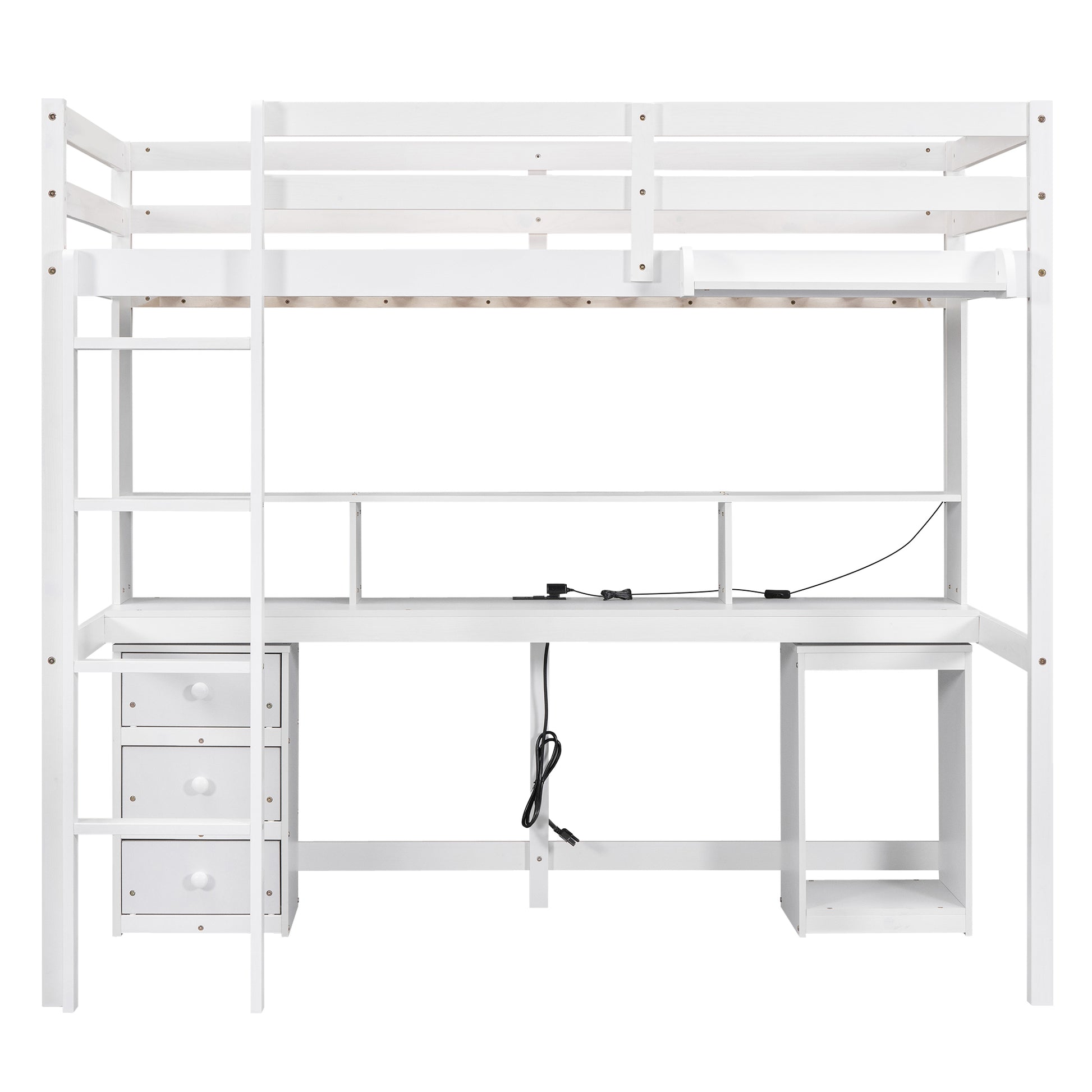 Twin Size Loft Bed With Multi Storage Desk, Led Light And Bedside Tray, Charging Station, White Box Spring Not Required Twin White Wood Bedroom Solid Wood Mdf