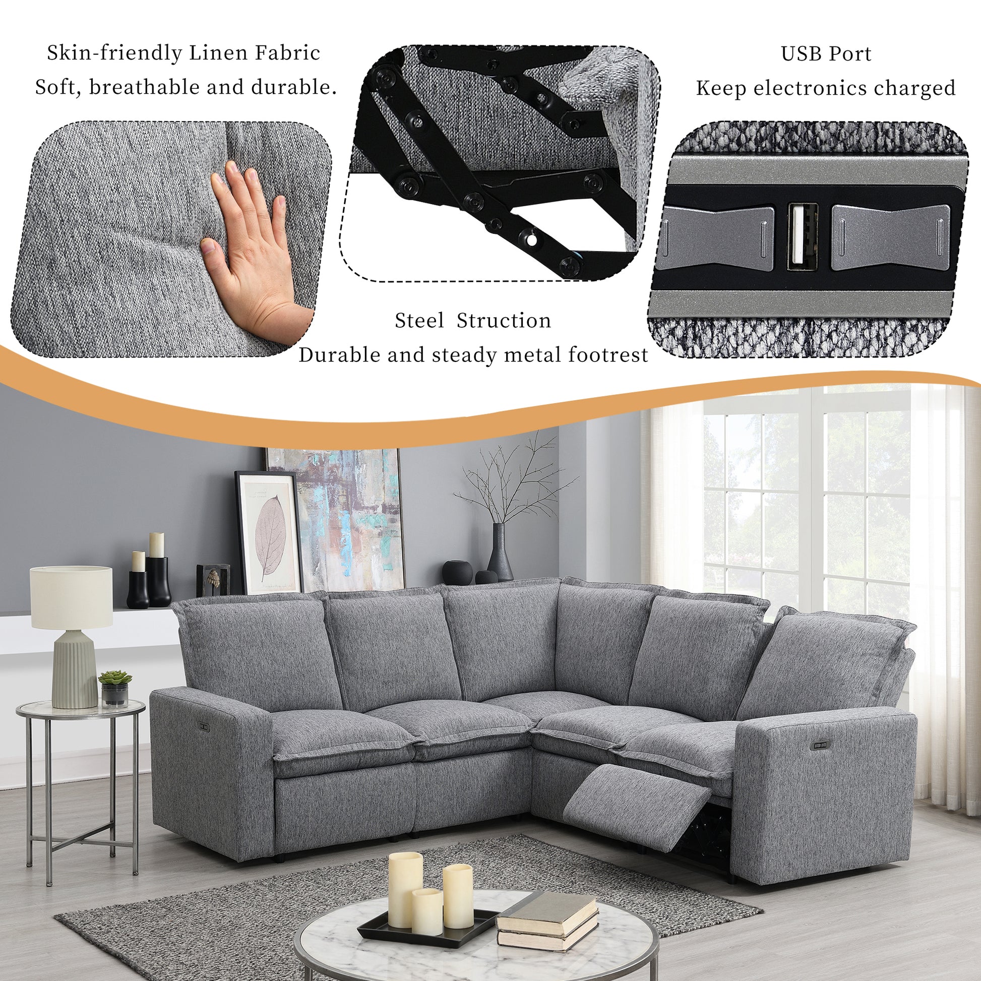 Power Recliner Chair Home Theater Seating Soft Chair With Usb Port For Living Room, Bedroom, Theater Room, Grey Grey Foam Linen