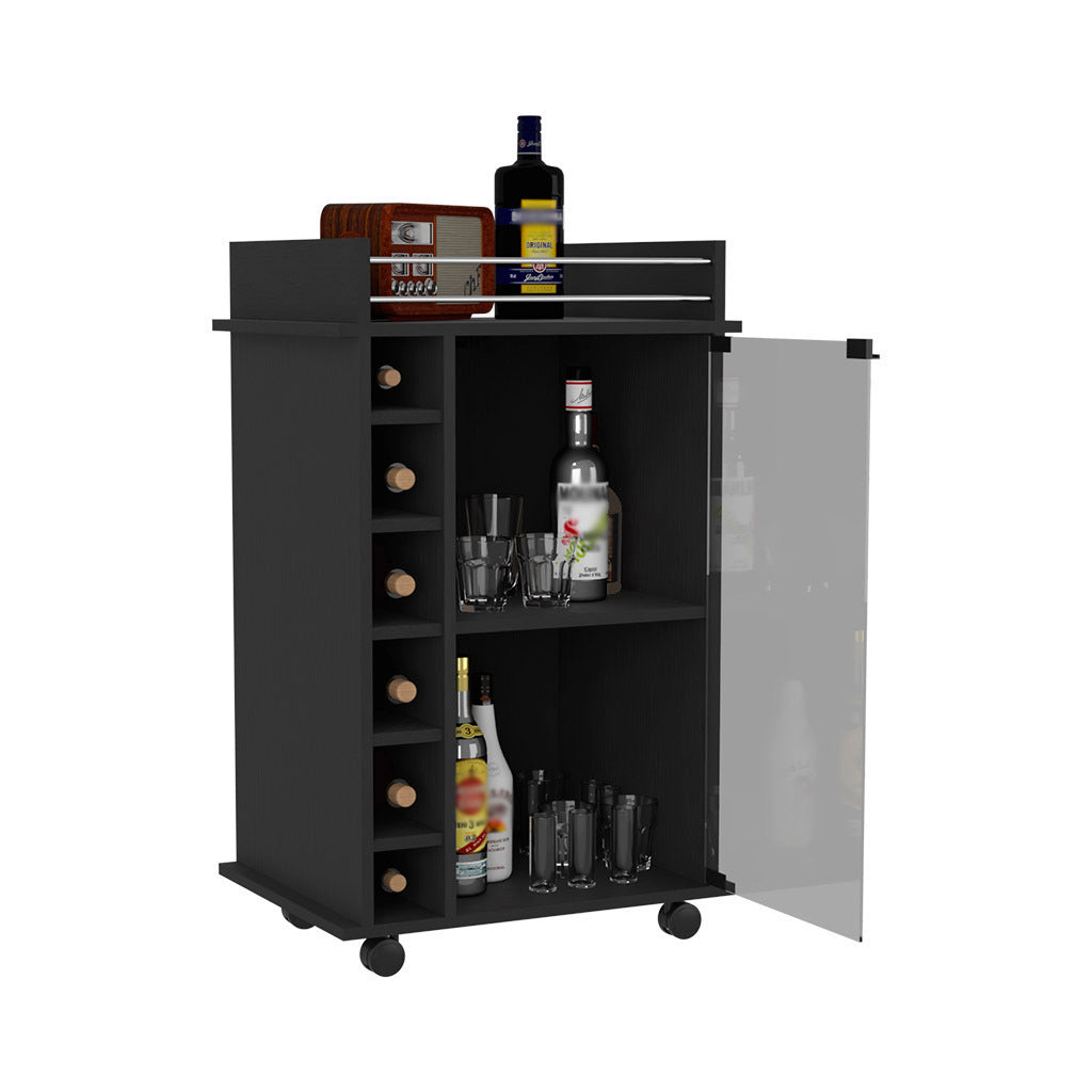 Bar Cart Baltimore, Two Tier Cabinet With Glass Door, Six Wine Cubbies, Black Wengue Finish Black Particle Board