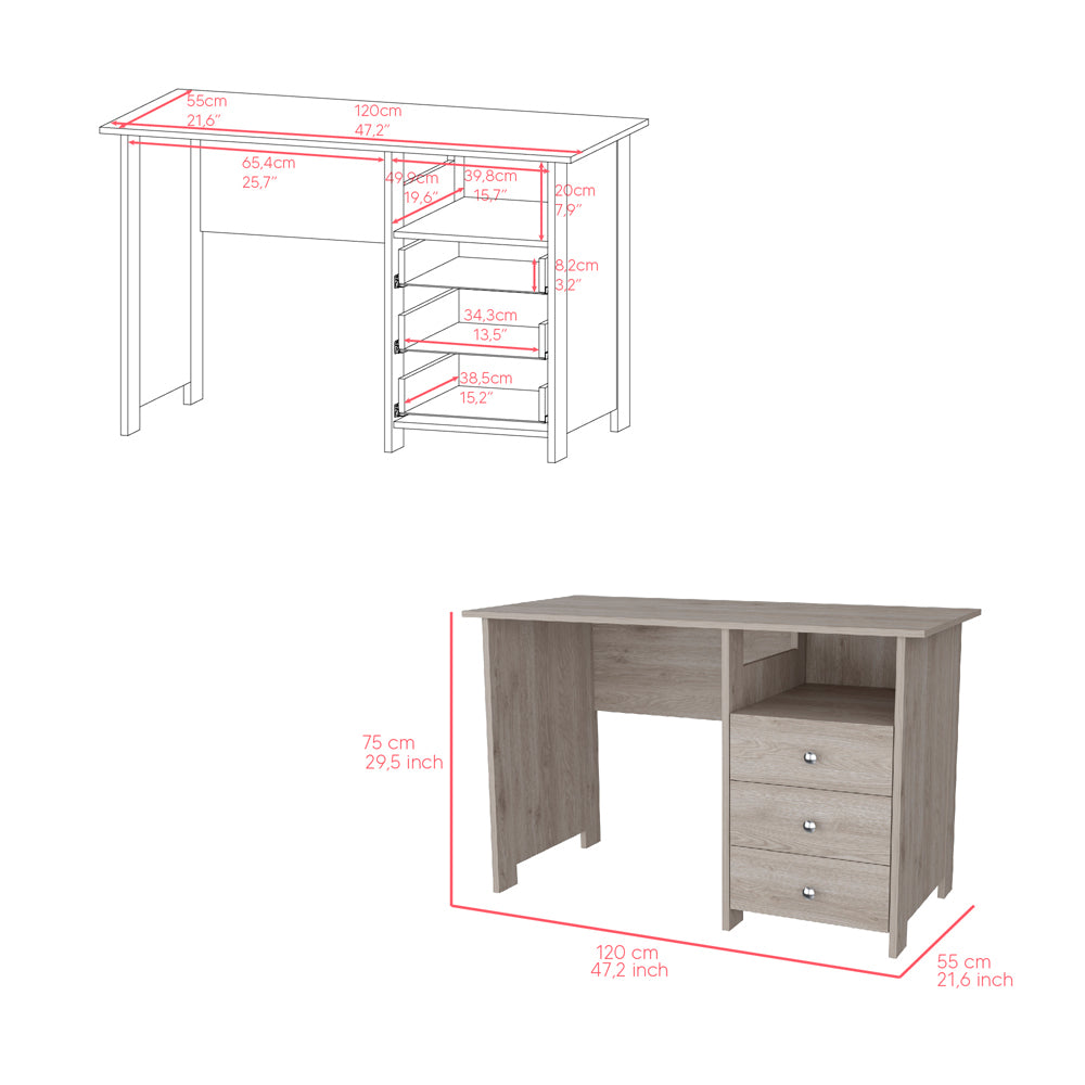 Writing Desk Brentwood With Three Drawers And Open Storage Shelf, Light Gray Finish Light Gray Particle Board