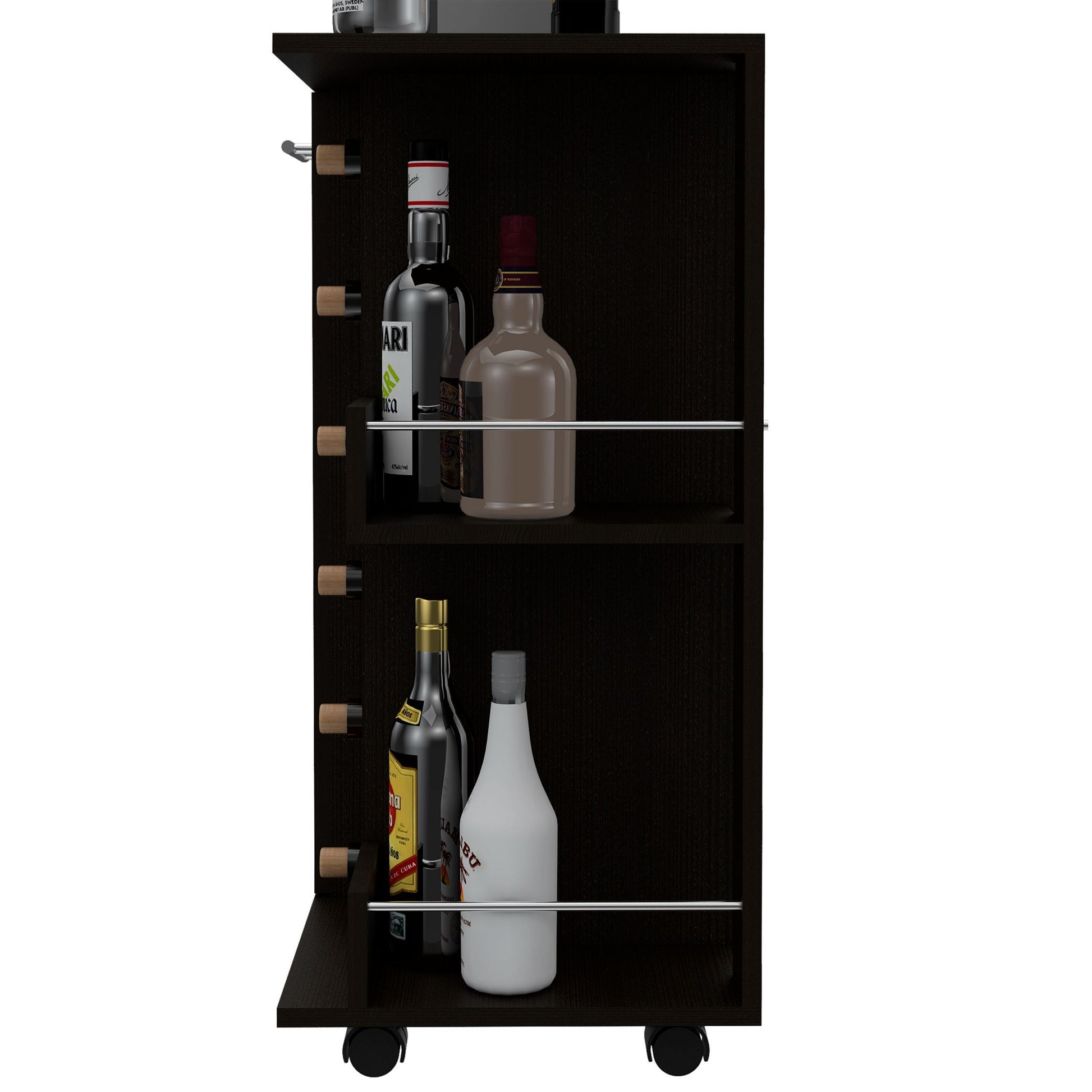 Bar Cart Wells, Four Casters, Black Wengue Finish Black Particle Board