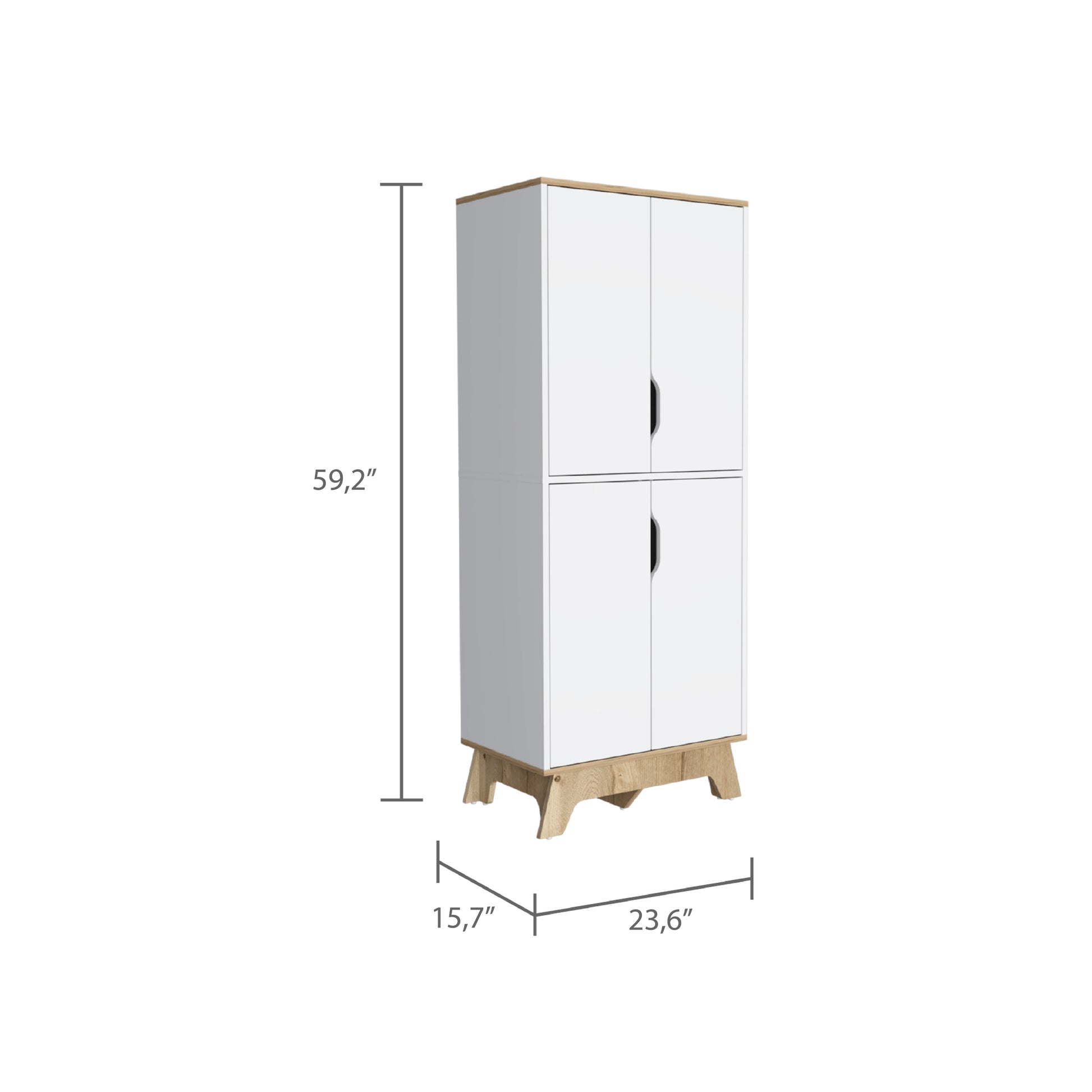 Double Kitchen Pantry Wallas, Double Door, Four Legs, Four Shelves, Light Oak White Finish Light Oak Particle Board