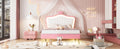 Full Size Upholstered Bed Frame With Led Lights,Modern Upholstered Princess Bed With Crown Headboard,White Pink Full White Pink Pu