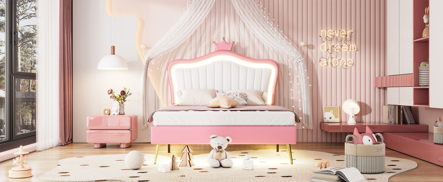 Full Size Upholstered Bed Frame With Led Lights,Modern Upholstered Princess Bed With Crown Headboard,White Pink Full White Pink Pu