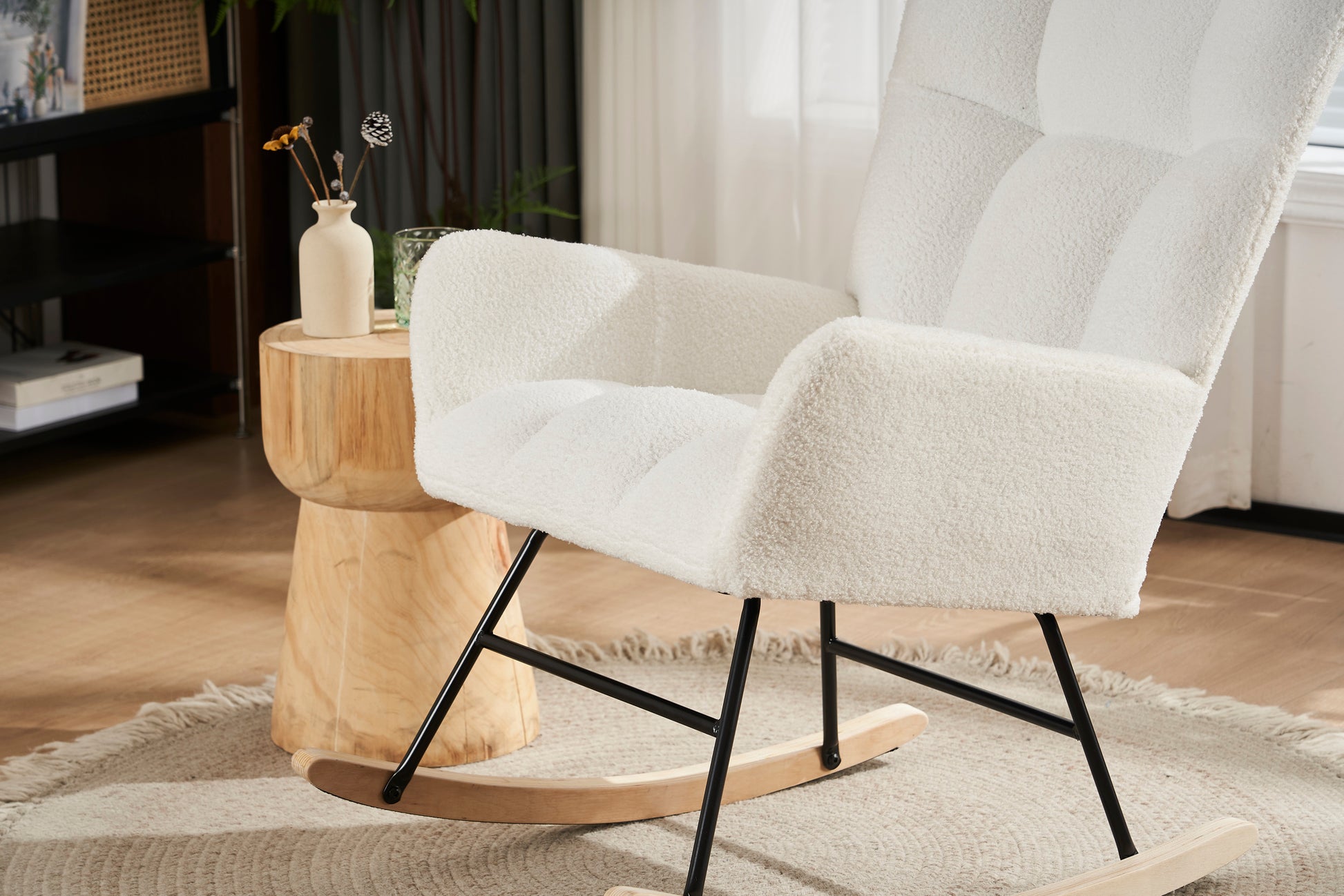 Rocking Chair Nursery, Solid Wood Legs Reading Chair With Teddy Fabric Upholsterednap Armchair For Living Rooms, Bedrooms, Offices, Best Gift,White Teddy Fabric White Primary Living Space Modern Rocking Chairs Polyester