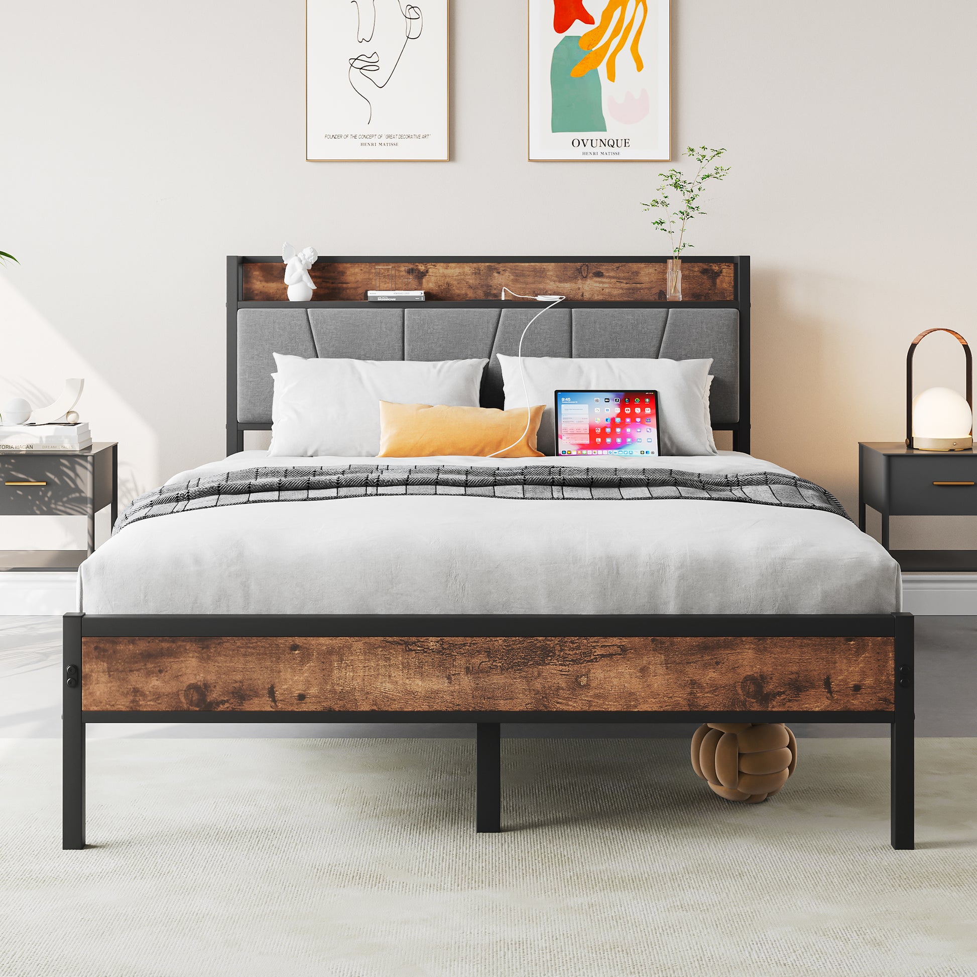 Full Size Bed Frame, Storage Headboard With Charging Station, Solid And Stable, Noise Free, No Box Spring Needed, Easy Assembly,Vintage Brown And Gray Box Spring Not Required Full Black Iron Brown Bedroom Bed Frame Metal & Wood