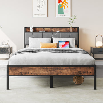 Full Size Bed Frame, Storage Headboard With Charging Station, Solid And Stable, Noise Free, No Box Spring Needed, Easy Assembly,Vintage Brown And Gray Box Spring Not Required Full Black Iron Brown Bedroom Bed Frame Metal & Wood