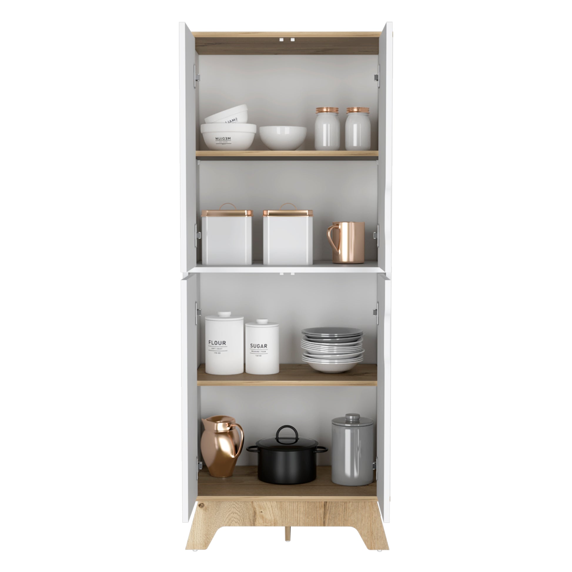 Double Kitchen Pantry Wallas, Double Door, Four Legs, Four Shelves, Light Oak White Finish Light Oak Particle Board