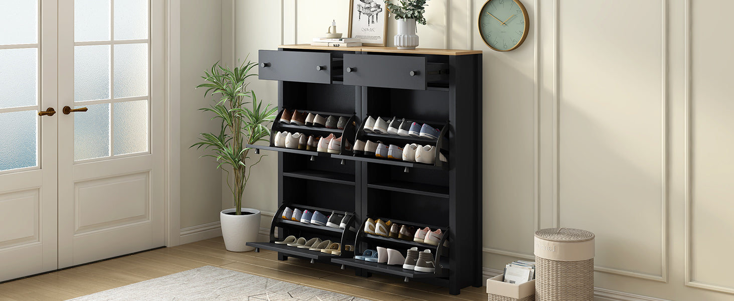 Slim Tipping Bucket Shoe Cabinet Set With 4 Flip Drawers, Wood Grain Pattern Top Shoe Storage Solution With Adjustable Panel, Modern Style Shoe Rack With Drawers For Hallway, Black 5 Or More Drawers