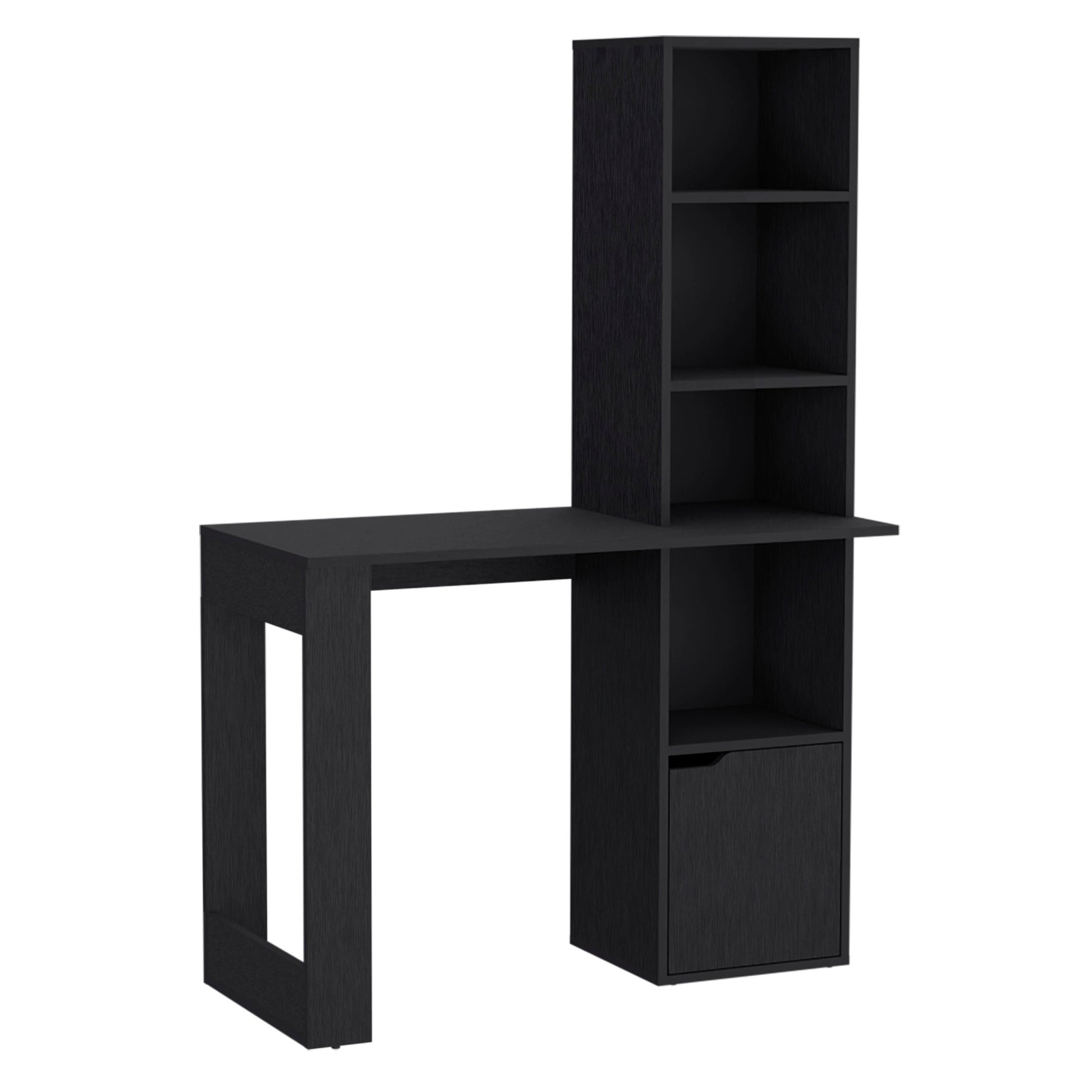 Office Desk Aragon With Four Tier Bookcase And Lower Cabinet, Black Wengue Finish Black Particle Board