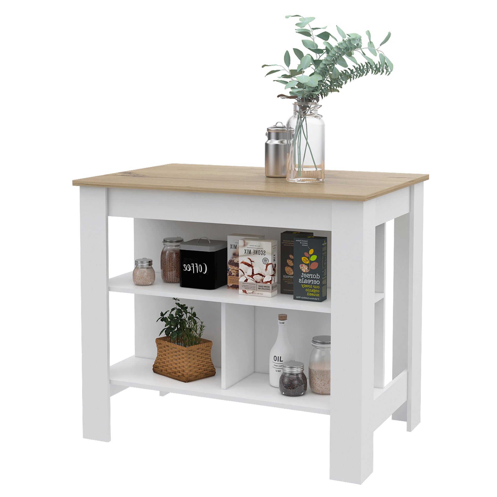 Kitchen Island Dozza, Three Shelves, White Light Oak Finish White Light Oak Particle Board