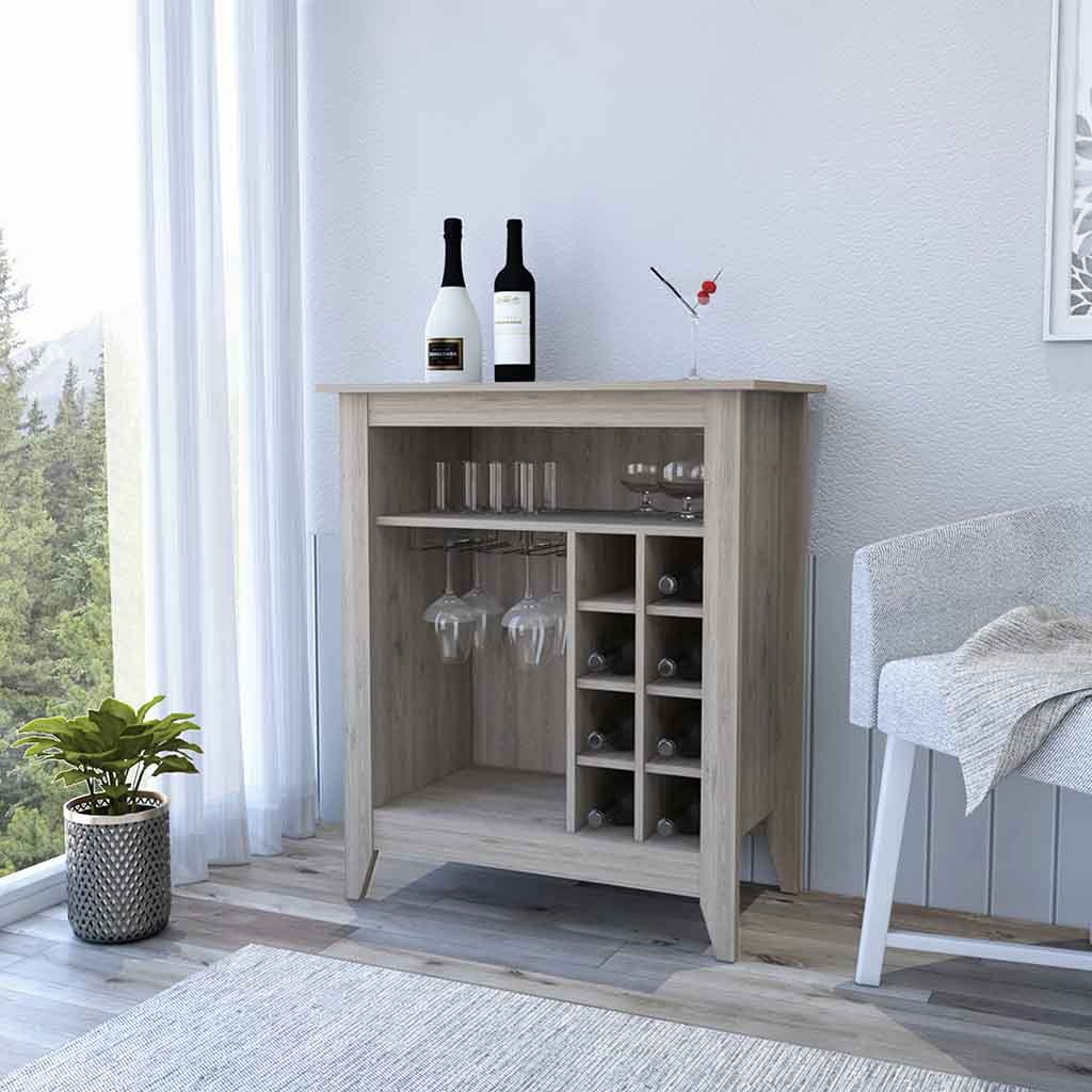 Bar Cabinet Castle, One Open Shelf, Six Wine Cubbies, Light Gray Finish Light Gray Particle Board