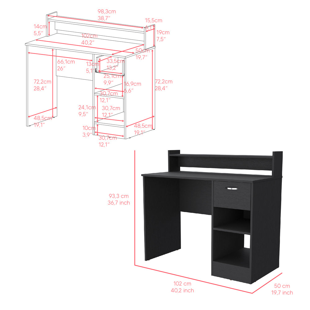 Computer Desk Delmar With Open Storage Shelves And Single Drawer, Black Wengue Finish Black Particle Board