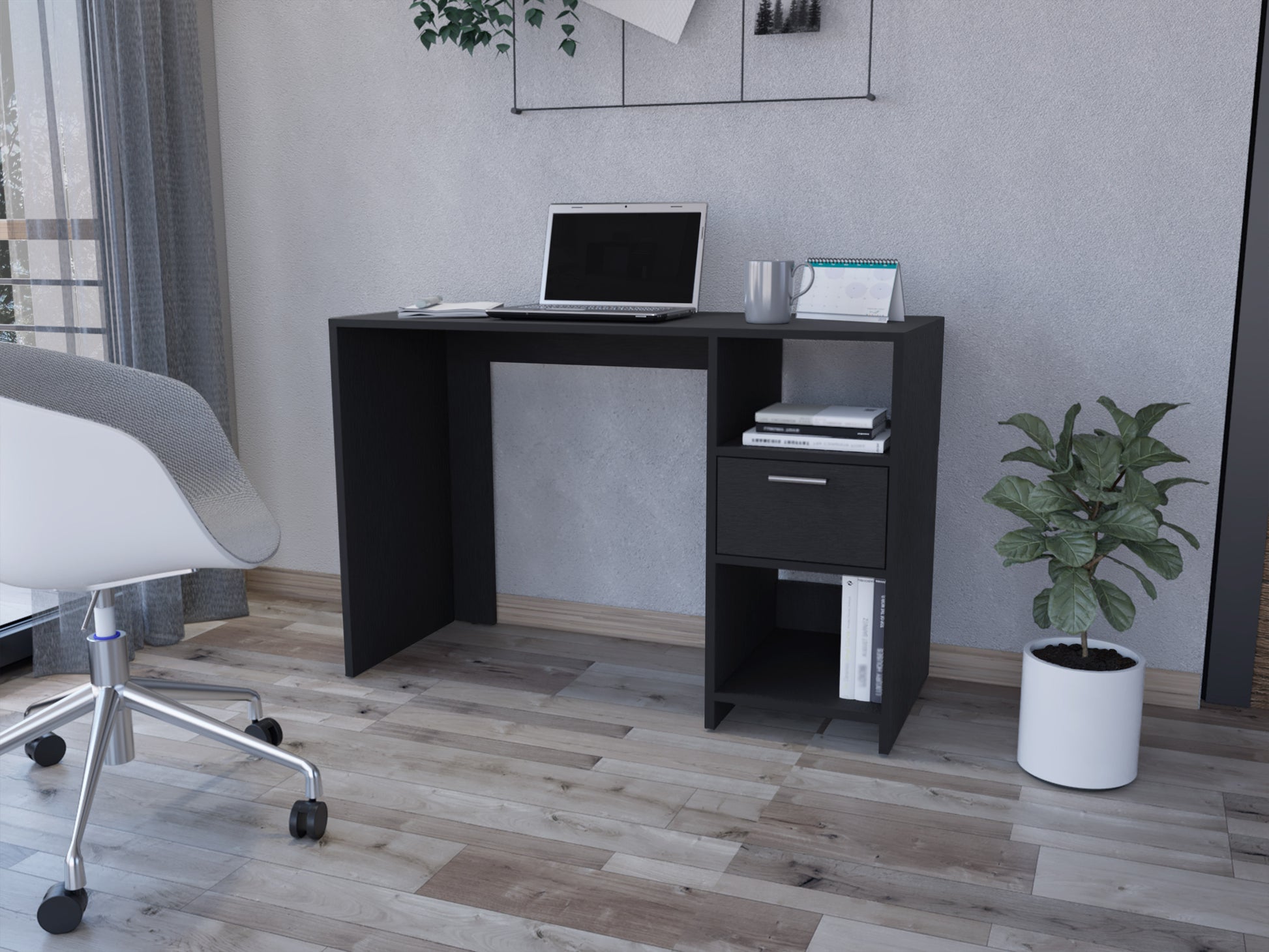 Computer Desk Odessa With Single Drawer And Open Storage Cabinets, Black Wengue Finish Black Particle Board