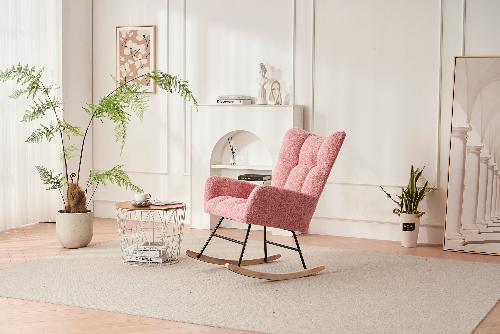 Rocking Chair Nursery, Solid Wood Legs Reading Chair Withteddy Fabric Upholstered, Nap Armchair For Living Rooms, Bedrooms, Offices, Best Gift,Pink Teddy Fabric Pink Primary Living Space Modern Rocking Chairs Polyester