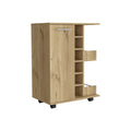 Bar Cart Wells, Four Casters, Six Wine Cubbies, Single Door Cabinet, Light Oak Finish Light Oak Particle Board