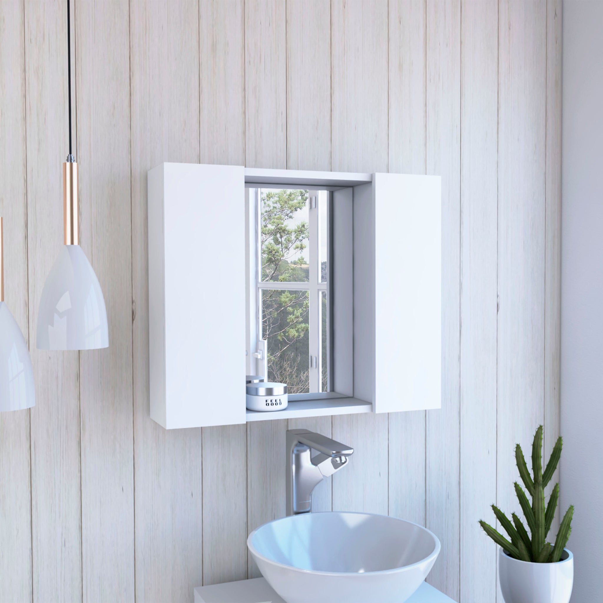 Medicine Cabinet Hops, Double Door, Mirror, One External Shelf, White Finish White Particle Board