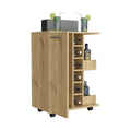 Bar Cart Wells, Four Casters, Six Wine Cubbies, Single Door Cabinet, Light Oak Finish Light Oak Particle Board