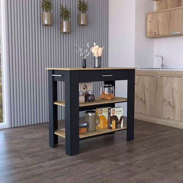 Kitchen Island 40 Inches Dozza, Two Shelves, Black Wengue Light Oak Finish Light Oak Particle Board