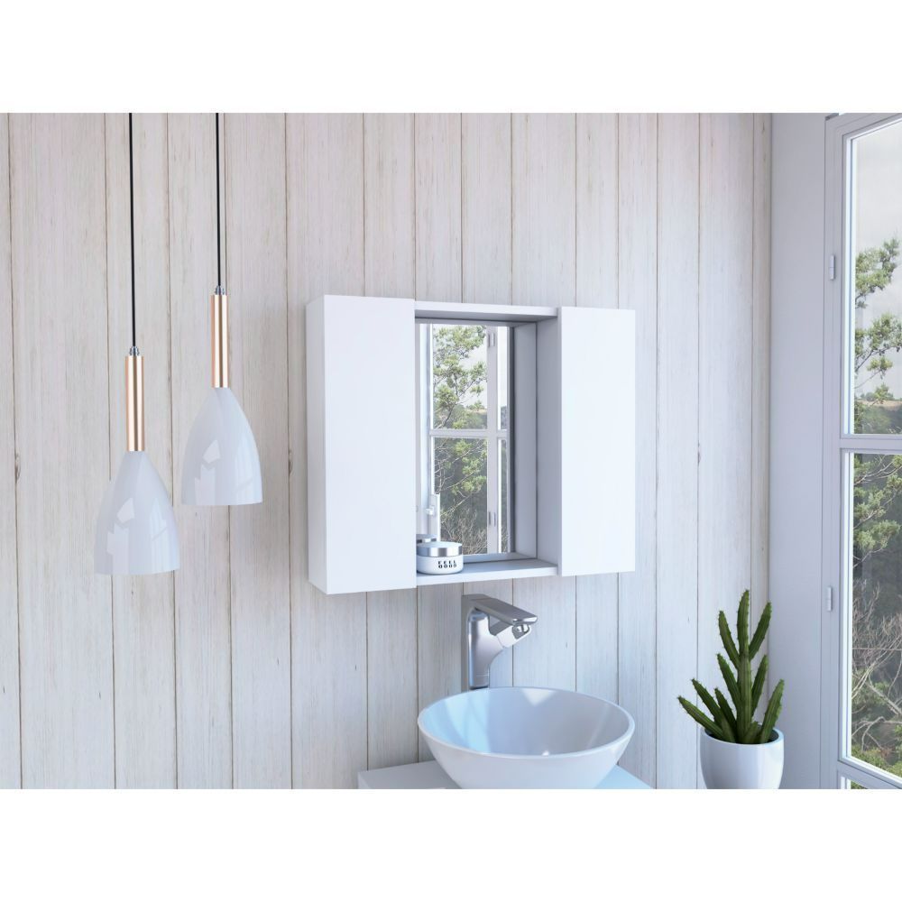 Medicine Cabinet Hops, Double Door, Mirror, One External Shelf, White Finish White Particle Board