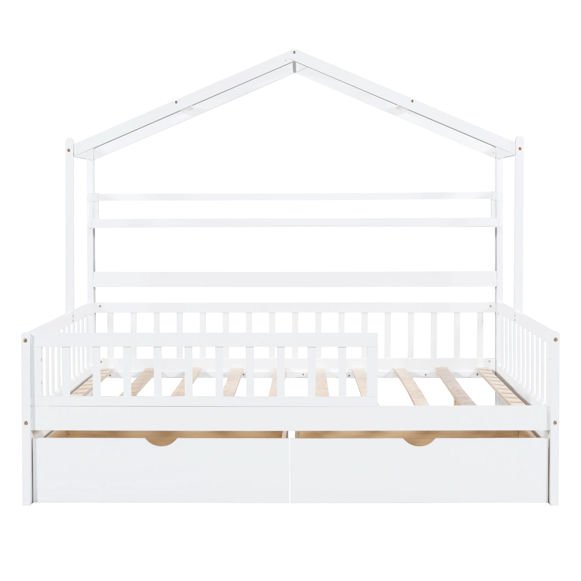 Wooden Full Size House Bed With 2 Drawers,Kids Bed With Storage Shelf, White White Wood