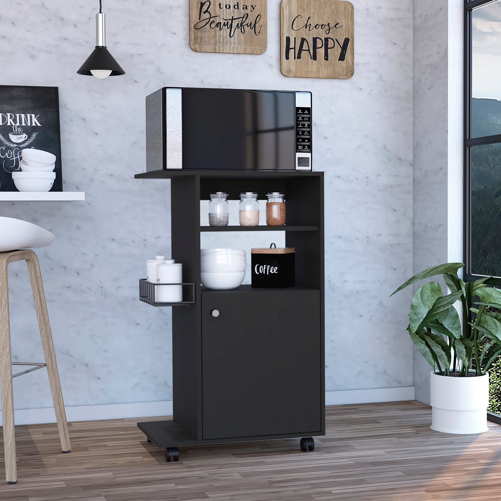 Kitchen Cart Kryot, Single Door Cabinet, Four Casters, Black Wengue Finish Black Particle Board