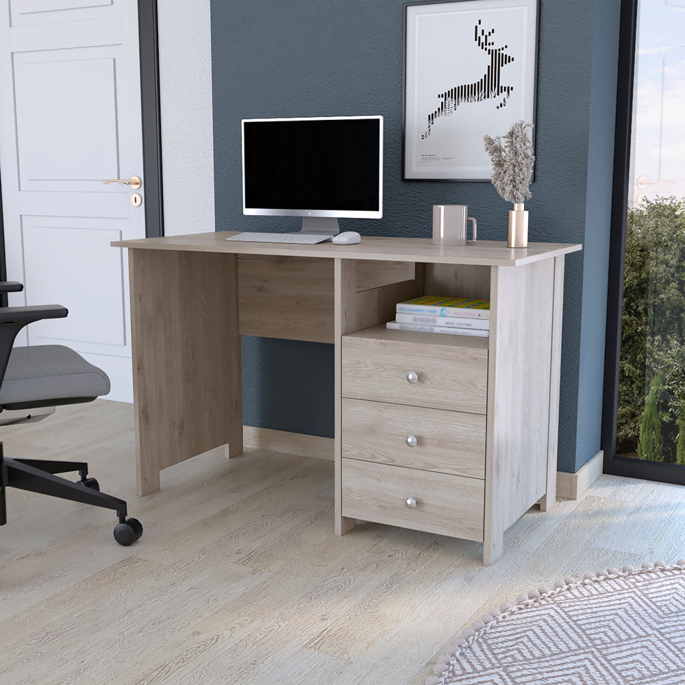 Writing Desk Brentwood With Three Drawers And Open Storage Shelf, Light Gray Finish Light Gray Particle Board