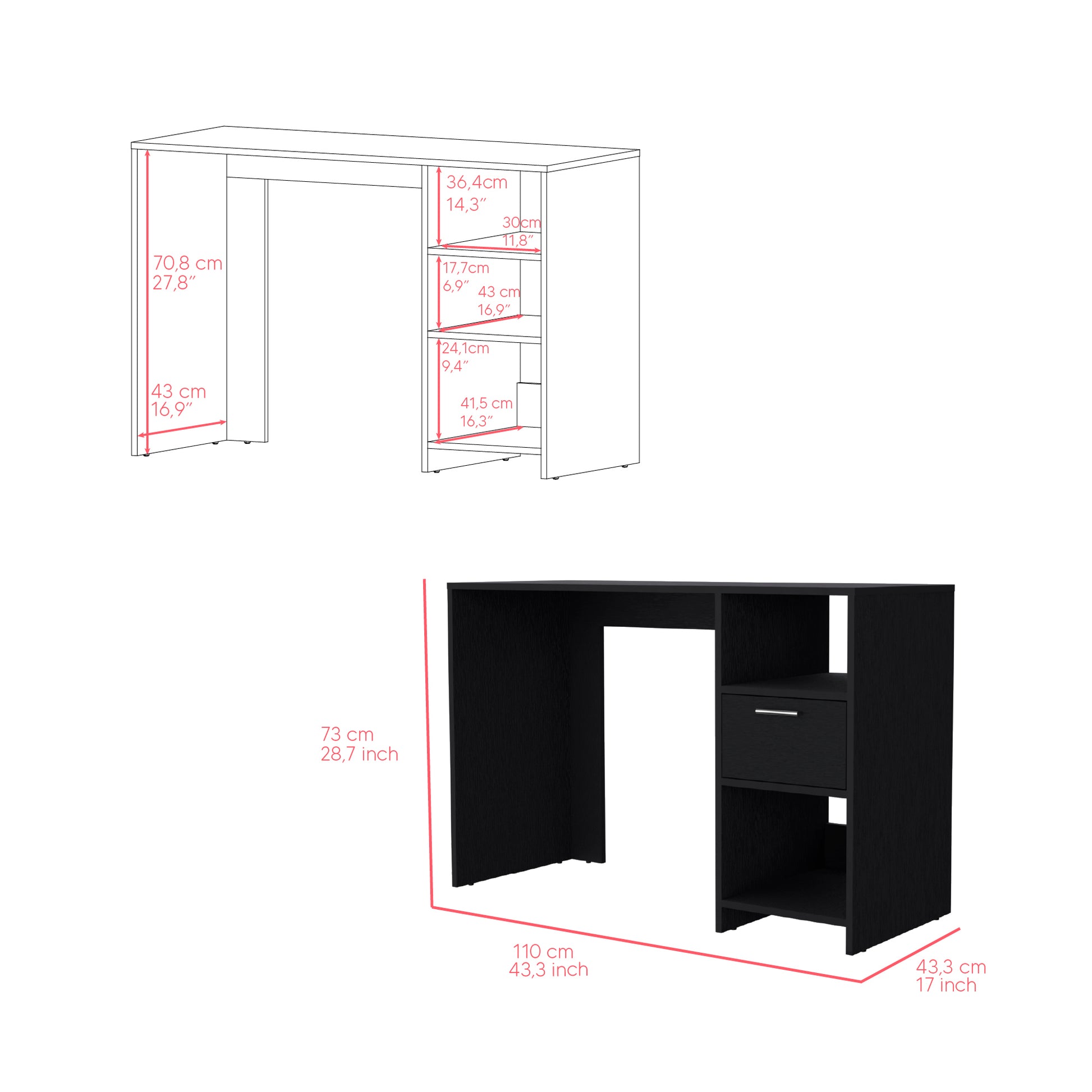 Computer Desk Odessa With Single Drawer And Open Storage Cabinets, Black Wengue Finish Black Particle Board