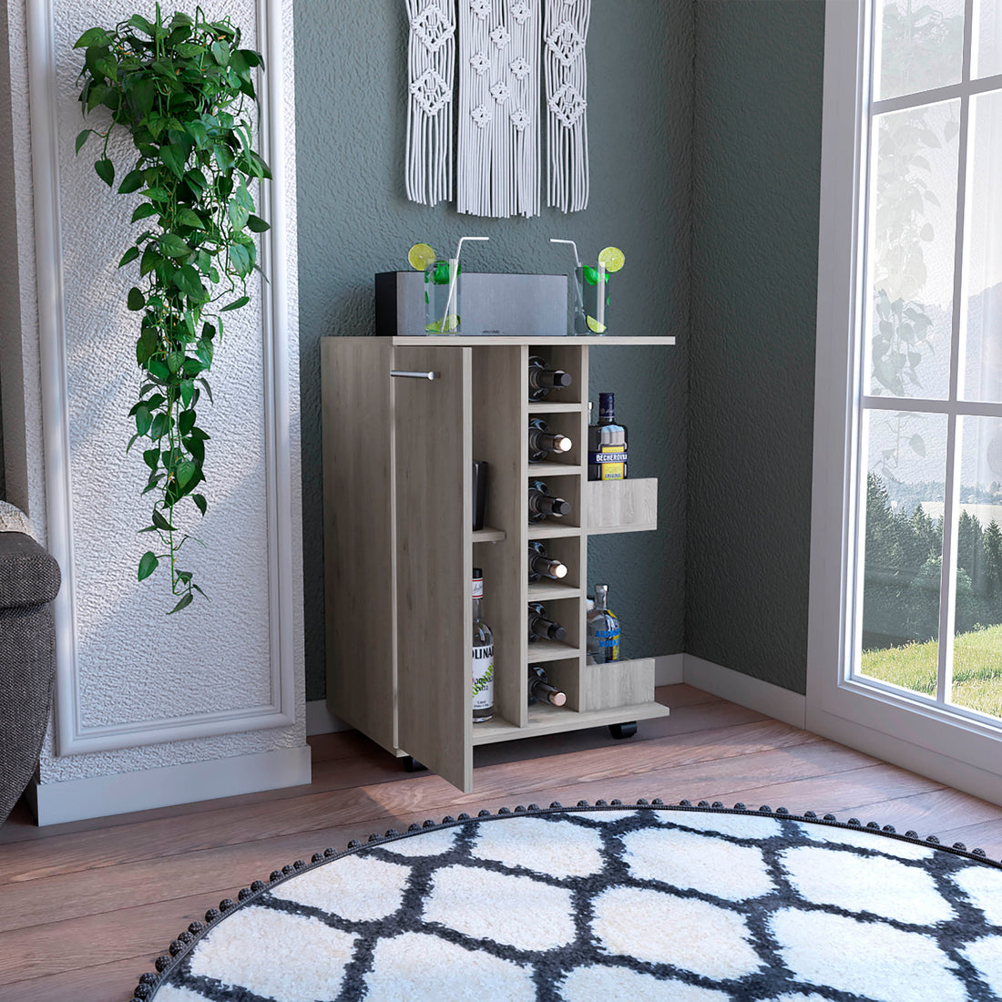 Bar Cart Wells, Four Casters, Light Gray Finish Light Gray Particle Board