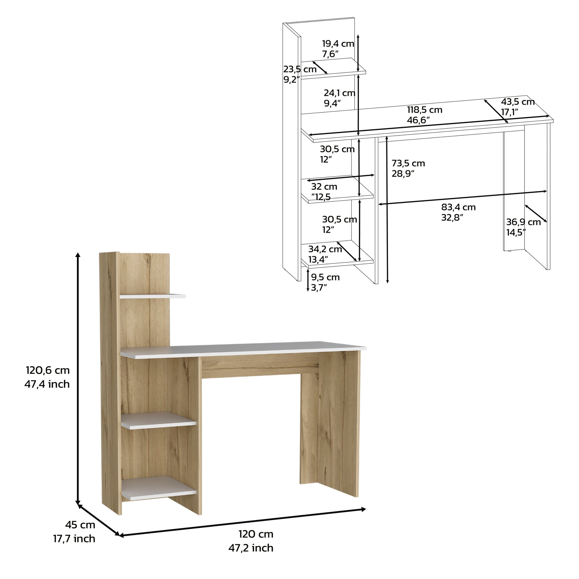 Desk Wichita, Four Shelves, Light Oak White Finish Multicolor Particle Board