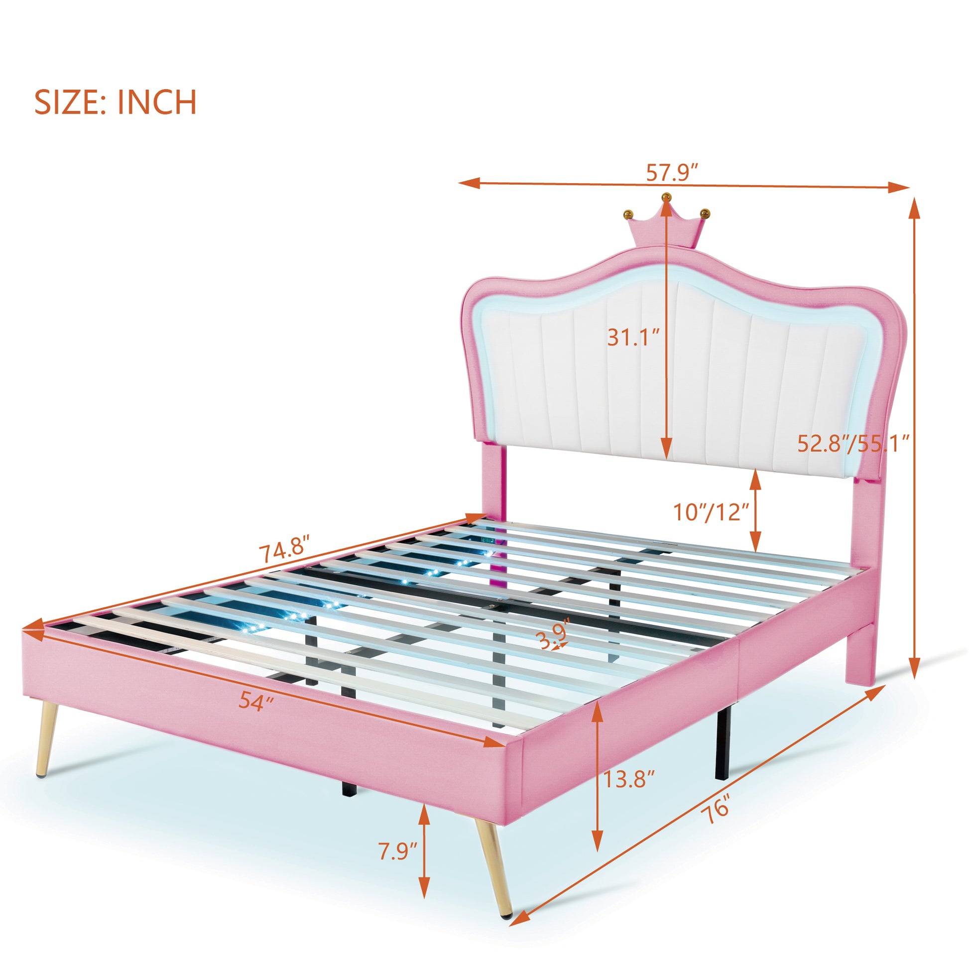 Full Size Upholstered Bed Frame With Led Lights,Modern Upholstered Princess Bed With Crown Headboard,White Pink Full White Pink Pu