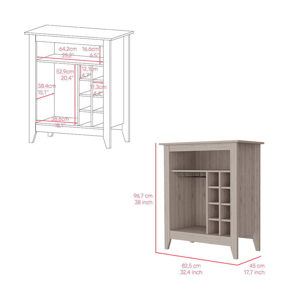 Bar Cabinet Castle, One Open Shelf, Six Wine Cubbies, Light Gray Finish Light Gray Particle Board