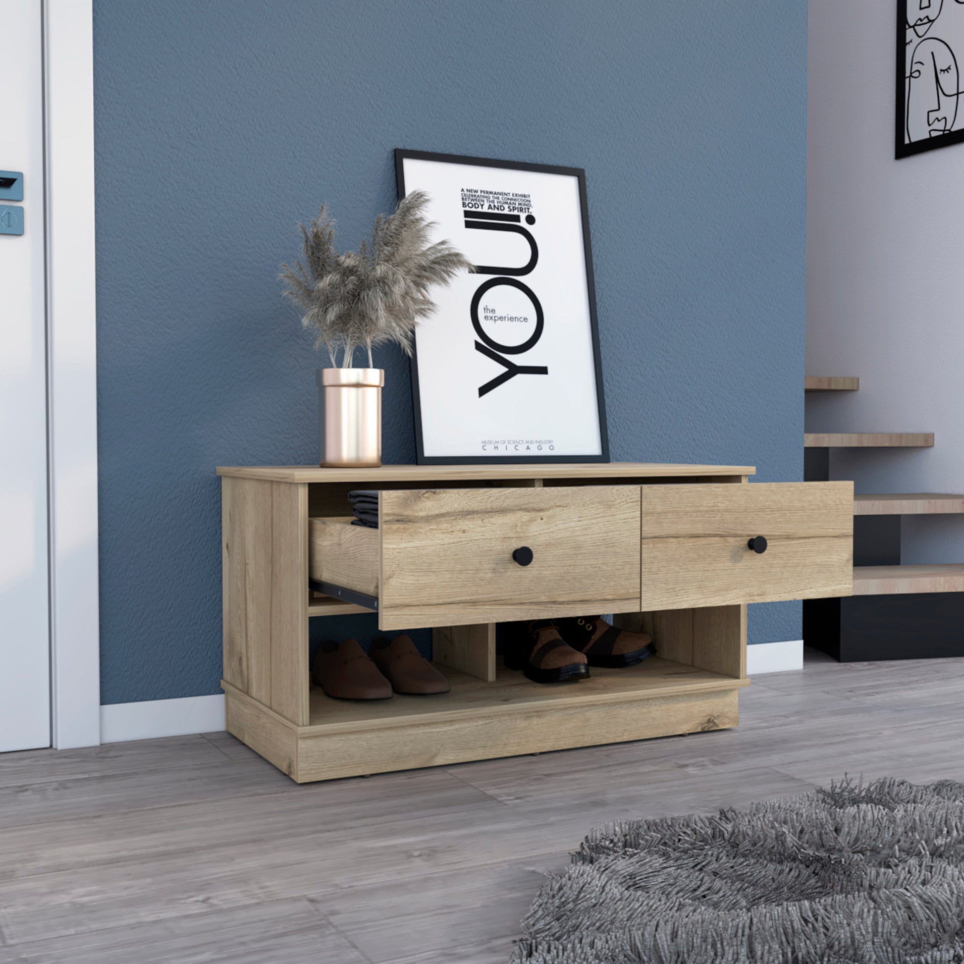 Storage Bench Beji, Lower Shelf, Two Drawers, Light Oak Finish Light Oak Particle Board