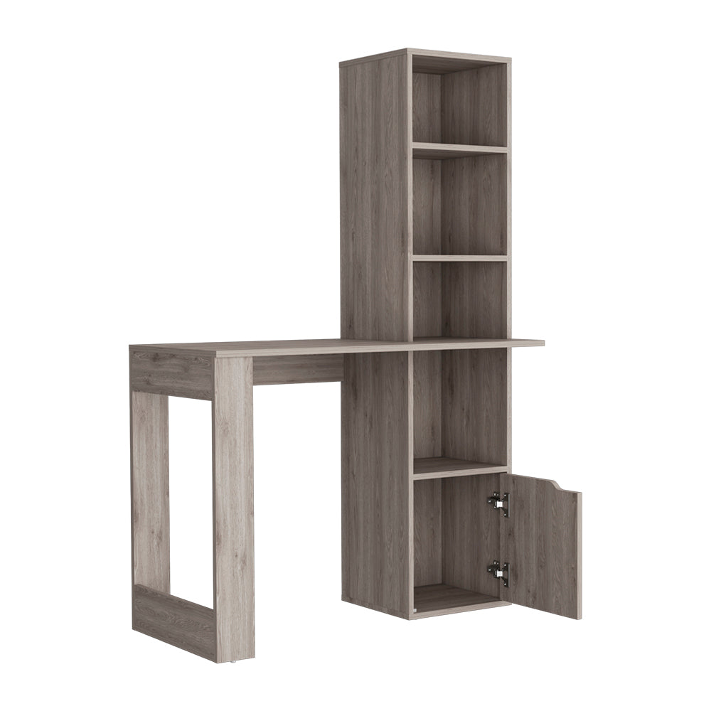 Computer Desk With Single Door Cabinet And 4 Tier Shelf Bicknell, Light Gray Finish Light Gray Particle Board