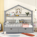 Wooden Twin Size House Bed With 2 Drawers,Kids Bed With Storage Shelf, Gray Gray Wood