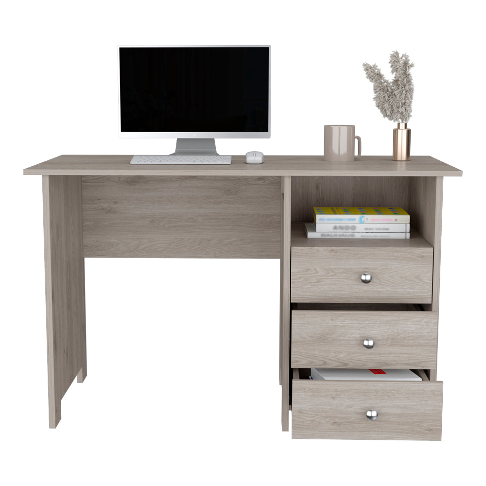 Writing Desk Brentwood With Three Drawers And Open Storage Shelf, Light Gray Finish Light Gray Particle Board