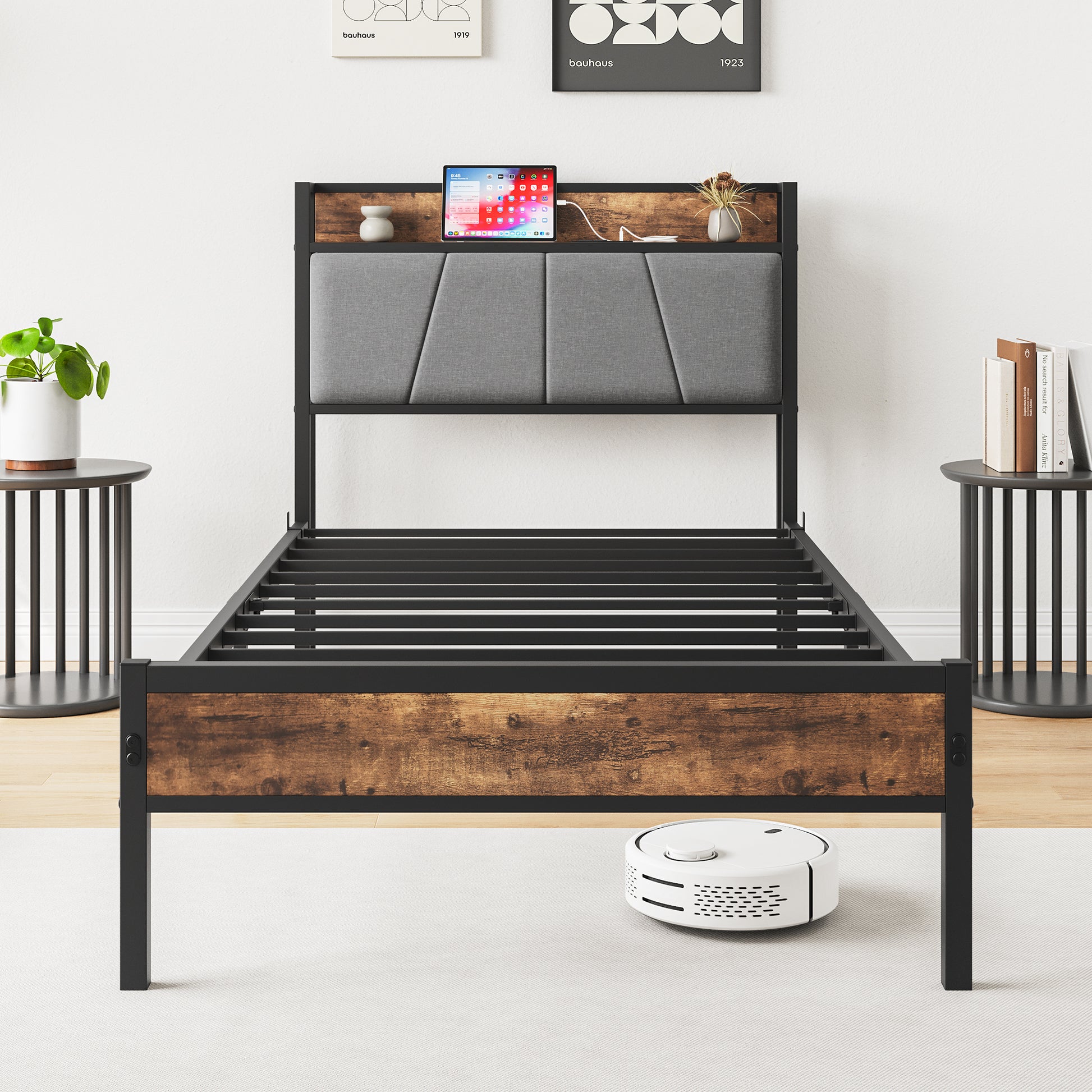 Twin Size Bed Frame, Storage Headboard With Charging Station, Solid And Stable, Noise Free, No Box Spring Needed, Easy Assembly Box Spring Not Required Twin Black Iron Brown Bedroom Bed Frame Metal & Wood