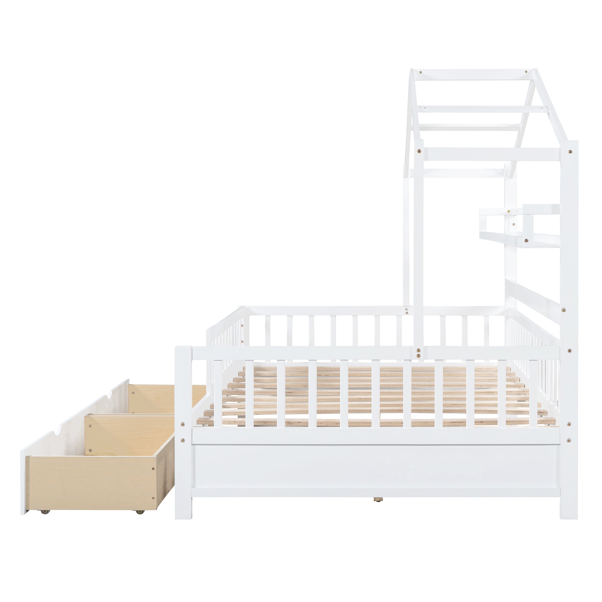 Wooden Full Size House Bed With 2 Drawers,Kids Bed With Storage Shelf, White White Wood