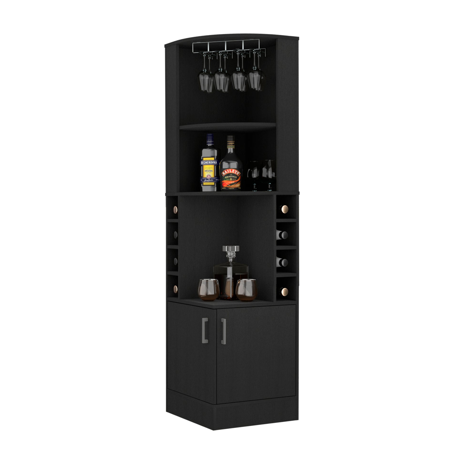 Bar Cabinet Papprika, 8 Wine Cubbies, Double Door, Black Wengue Finish Black Particle Board