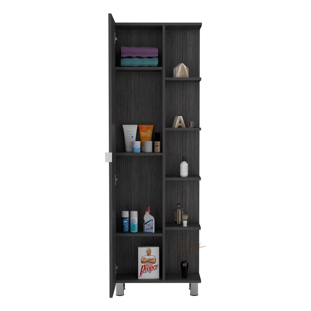 Corner Cabinet Womppi, Five Open Shelves, Single Door, Smokey Oak Finish Gray Particle Board